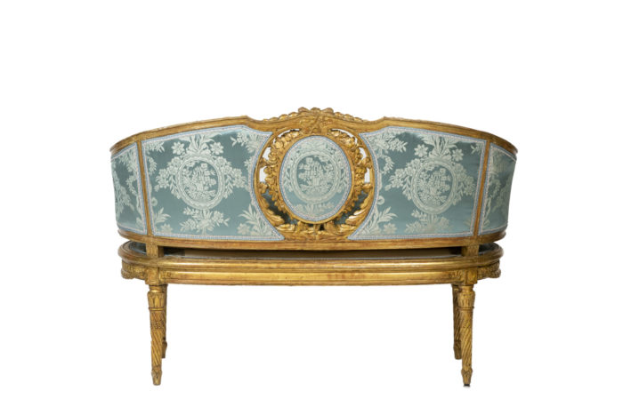 Banquette en bois doré de Style Transition, Italie époque 1900 tissus bleu - dos