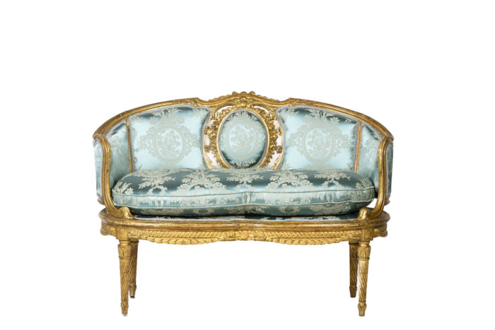 Banquette en bois doré de Style Transition, Italie époque 1900 tissus bleu - face