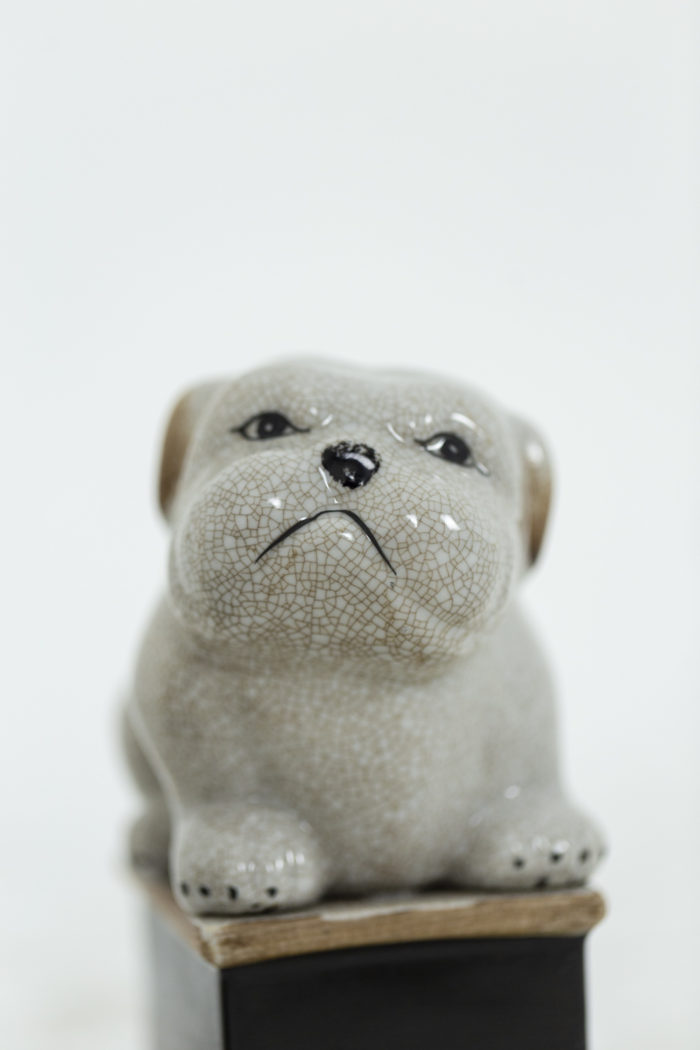 Paire de petit chiens en porcelaine céladon craquelée, détails sur un chien 1