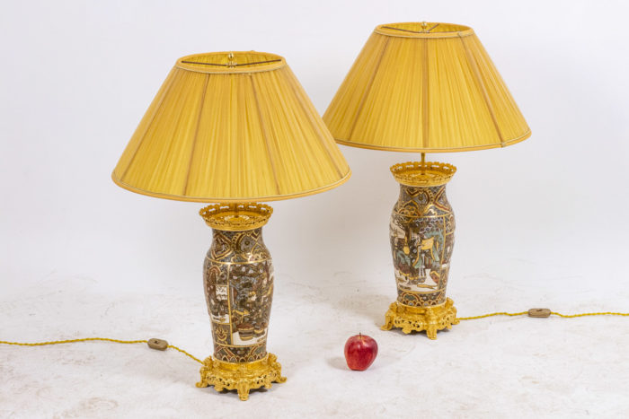 Pair of lamps in Satsuma earthenware and gilt bronze - ladder