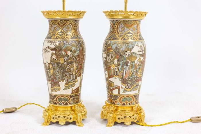 Pair of lamps in Satsuma earthenware and gilt bronze - characters