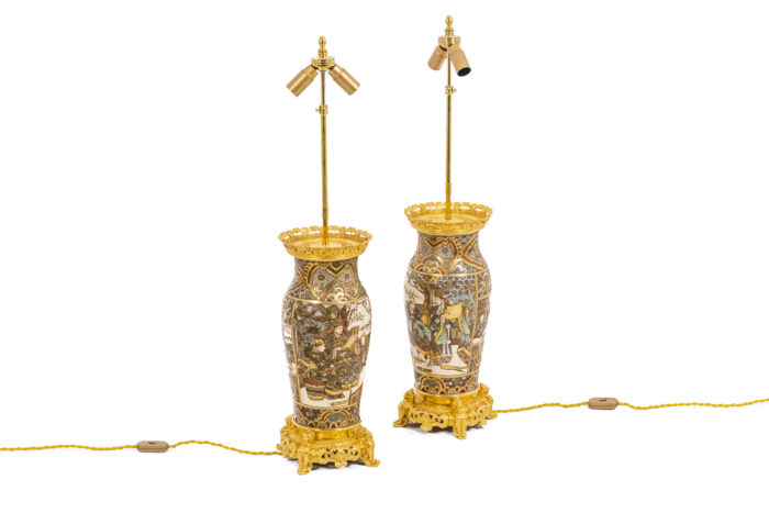 Pair of lamps in Satsuma earthenware and gilt bronze - without ladder