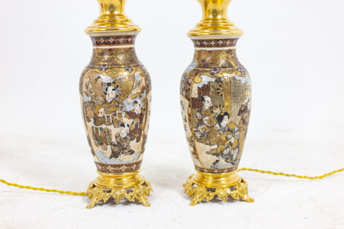 Pair of lamps in Satsuma earthenware - characters