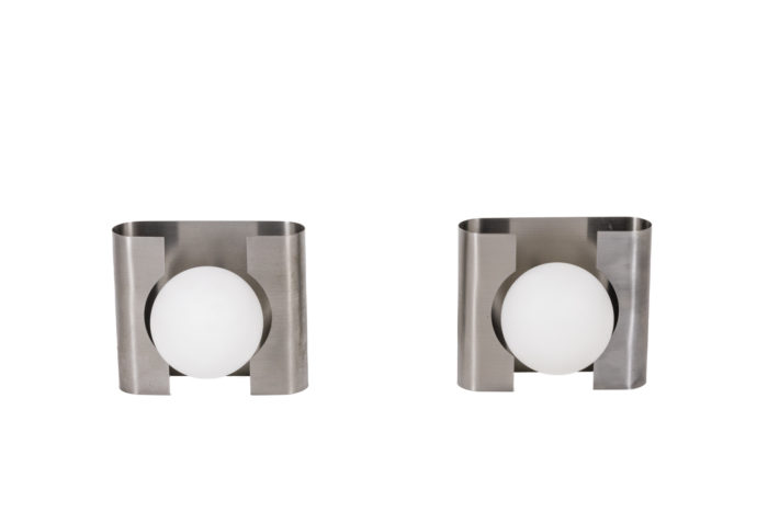 Pair of wall sconces in steel and opaline - both