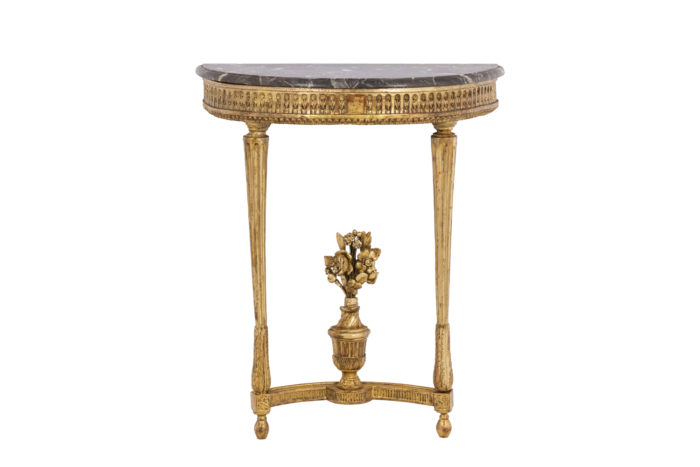 Console demi lune en bois doré et marbre gris, époque Louis XVI - face