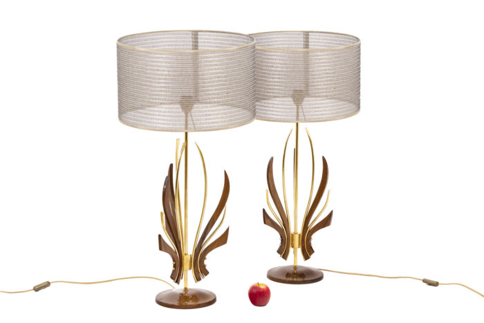 Pair of teak and gilded brass lamps - ladder
