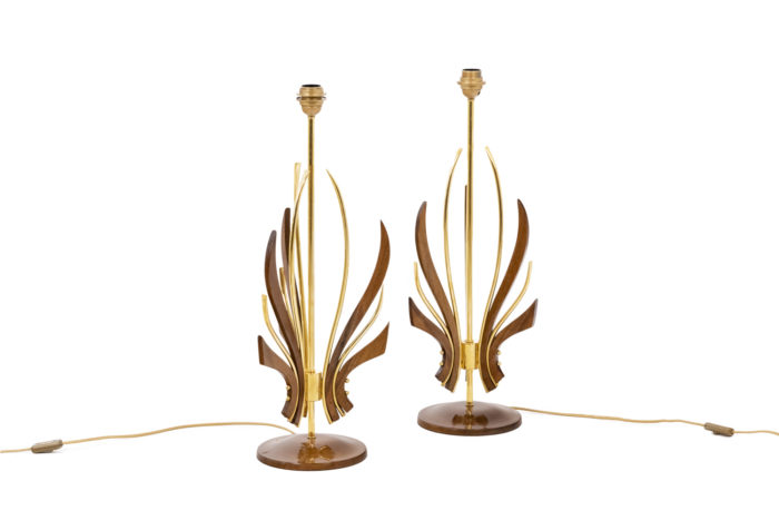 Pair of teak and gilded brass lamps - without lampshade