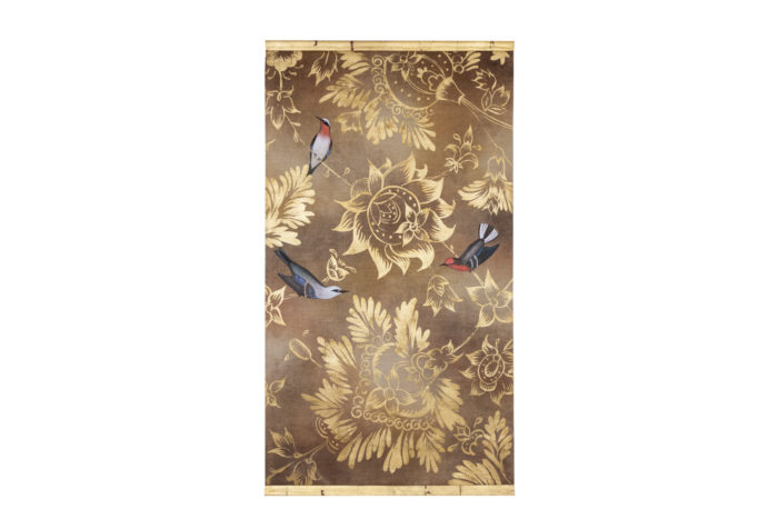 Painted canvas, brown background and golden flowers - face