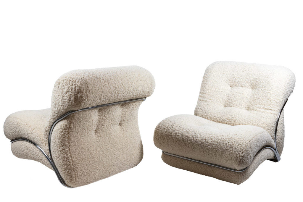 Series of three armchairs with fabric in white color, 1970s