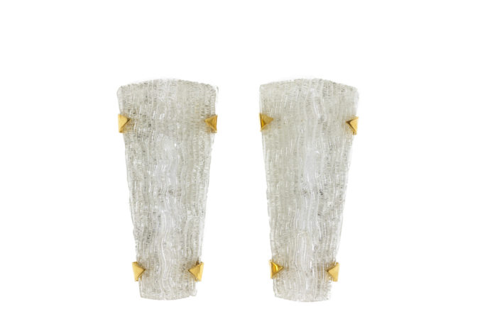 Pair of wall sconces in granite glass and gilded brass - both