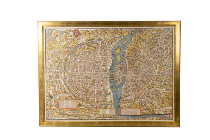 GRAVURE POLYCHROME DE LA VILLE DE PARIS VUE DU CIEL, ENCADREMENT EN BOIS DORÉ, ANNÉES 70 - face