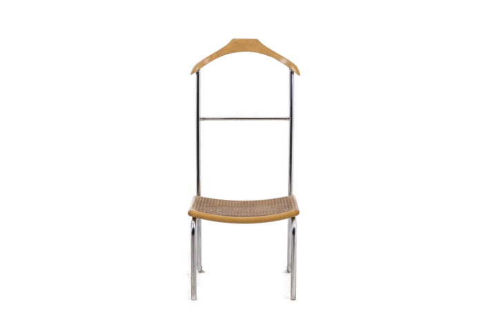 Pair of valet chairs in blond beech and chromed metal. Caned seat - face