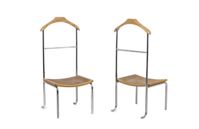 Pair of valet chairs in blond beech and chromed metal. Caned seat - both