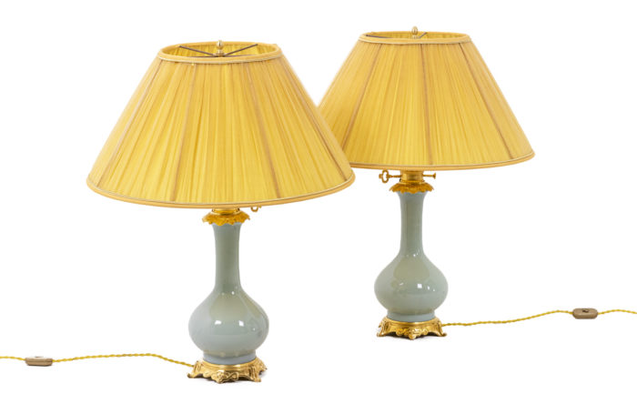 Pair of lamps in céladon porcelain and gilt bronze, circa 1880 - both