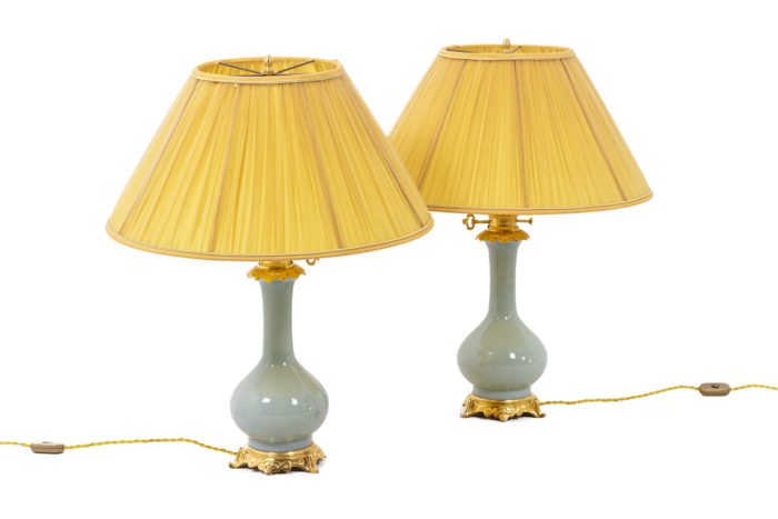 Pair of lamps in céladon porcelain and gilt bronze, circa 1880 - both