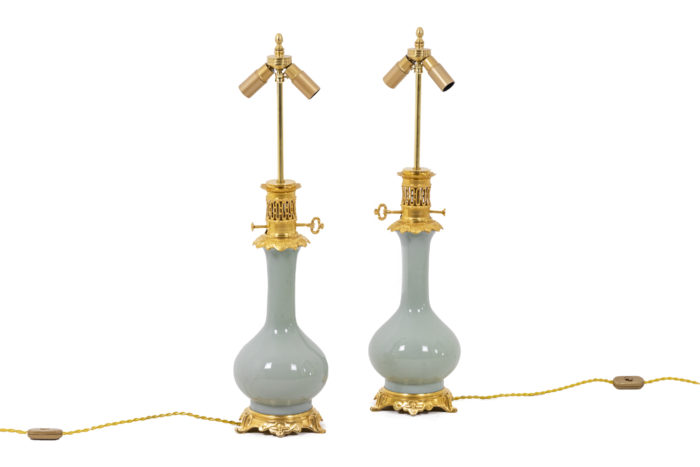 Pair of lamps in céladon porcelain and gilt bronze, circa 1880 - without lampshade