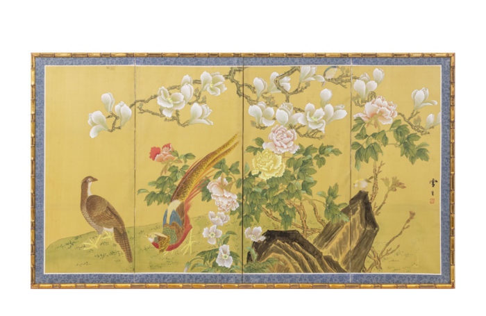 Panneau peint sur soie aux motifs de pivoines et oiseaux, Japon, Années 1950 - face