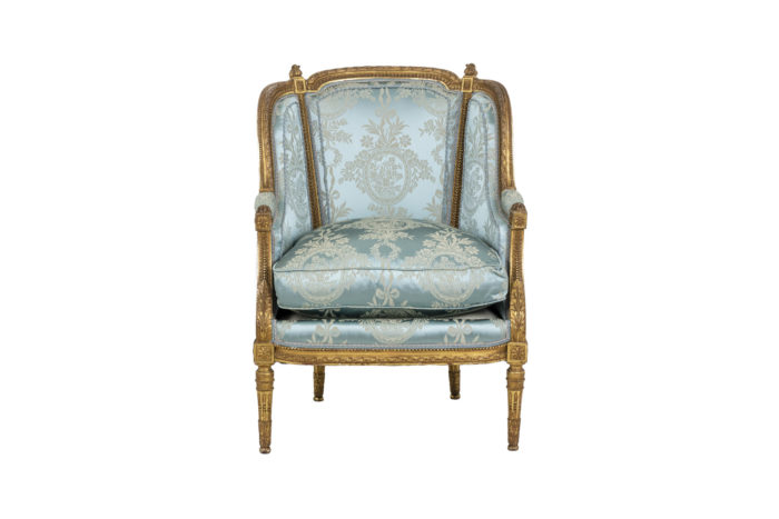Pair of Louis XVI style armchairs in gilded wood, circa 1880 - face