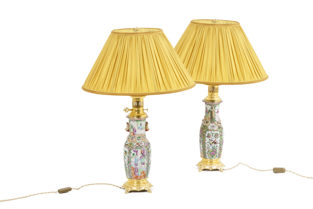 Pair of lamps in porcelain of Canton and bronze, circa 1880
