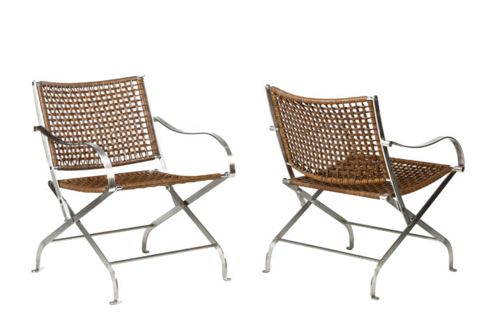 Paire de fauteuils en aluminium brossé et cuir - la paire