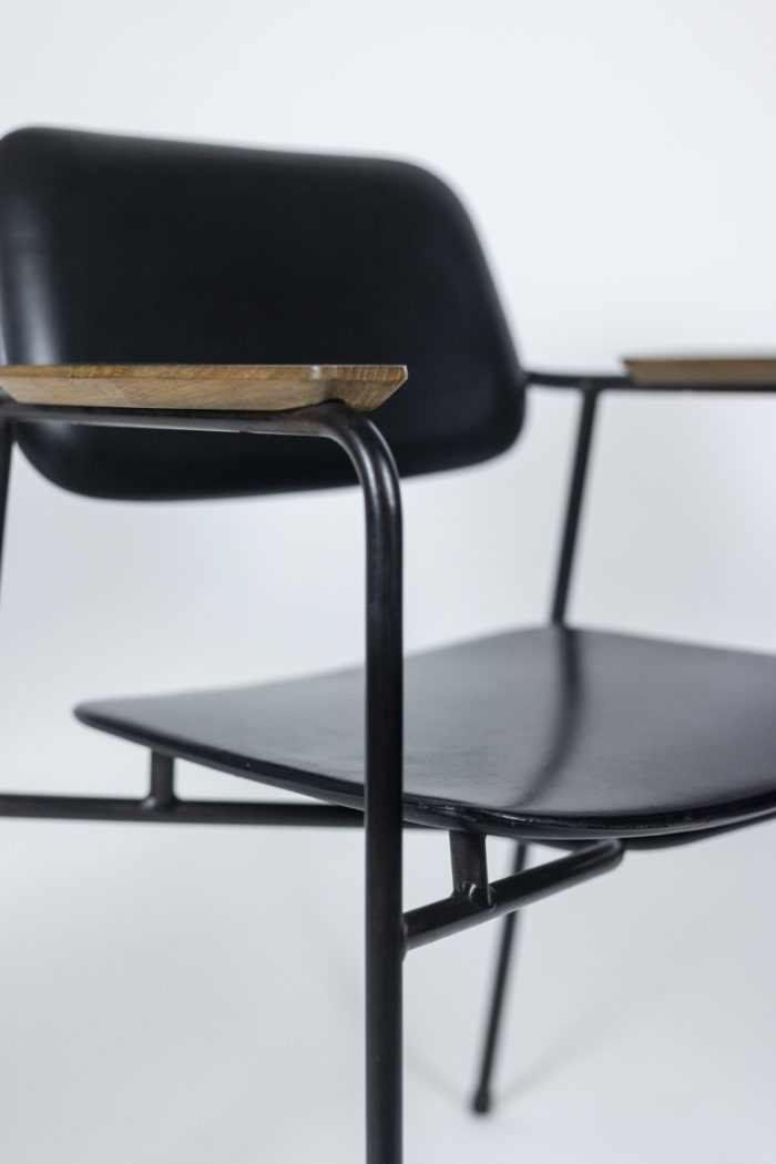 Pair of armchairs in metal, oak and leather, 1950s - seatback