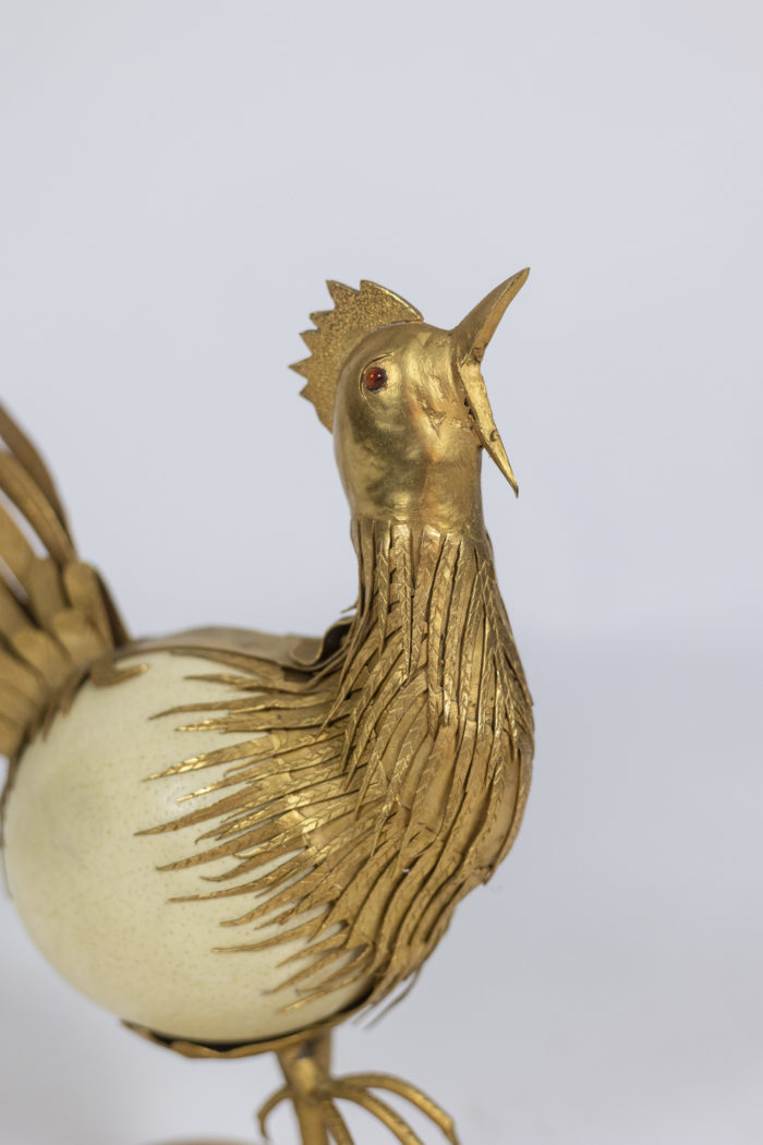 Rooster in ostrich egg and golden brass, 1970s - zoom