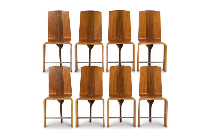Series of eight chairs blond cherry wood, 1980s