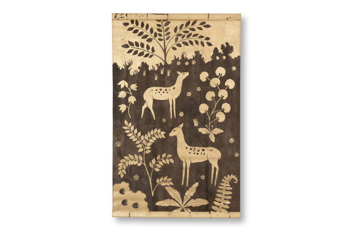 Painted canvas. Deers on a golden background. Contemporary work