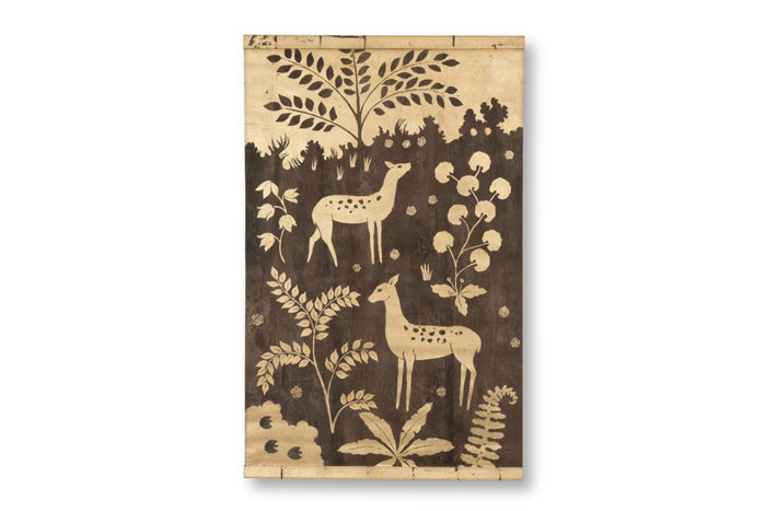 Painted canvas. Deers on a golden background. Contemporary work