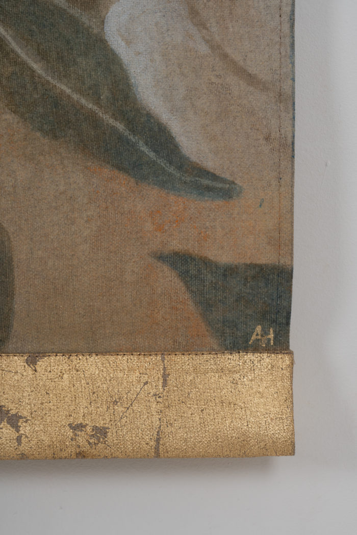 Paire de toiles peinte en lin, feuilles de cuivre - la paire