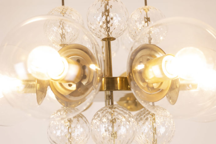 Chandelier in glden brass and blown glass, 1970s