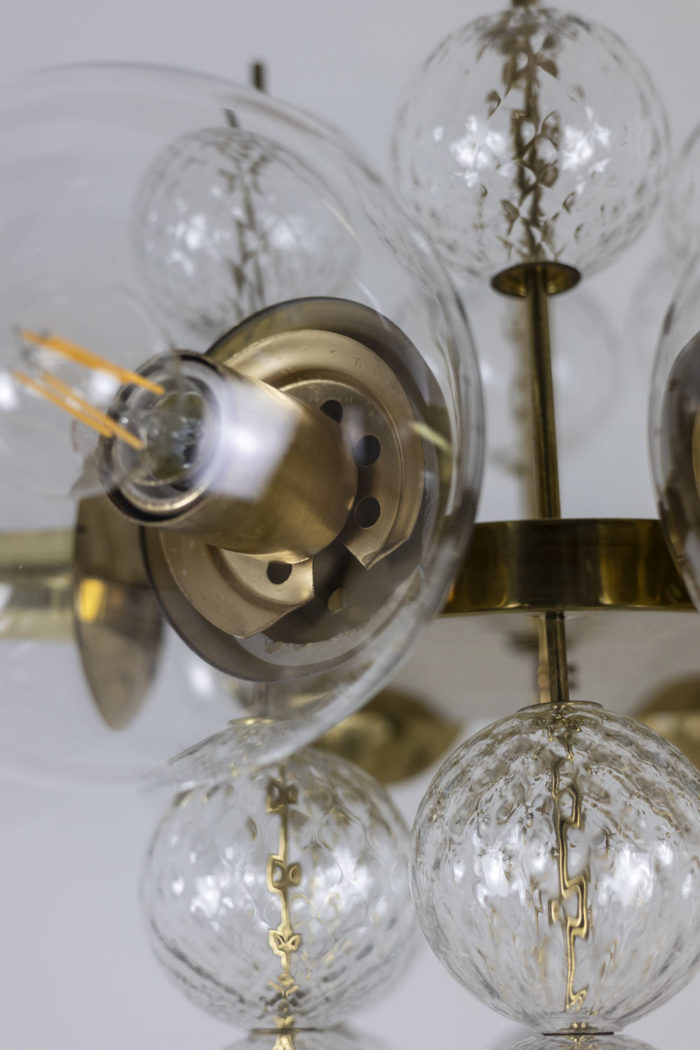 Chandelier in glden brass and blown glass, 1970s