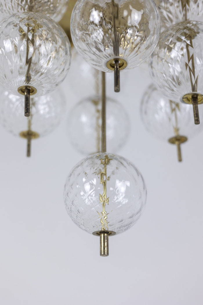 Chandelier in glden brass and blown glass, 1970s