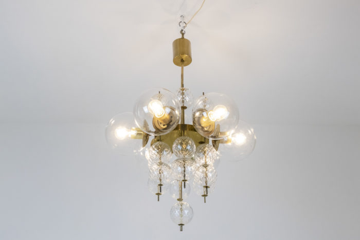 Chandelier in glden brass and blown glass, 1970s