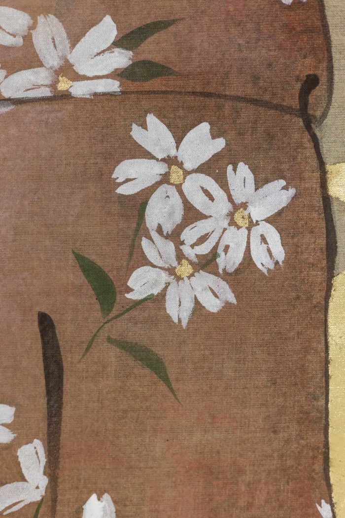 Geisha, toile peinte sur du lin, travail contemporain - fleurs de cerisier