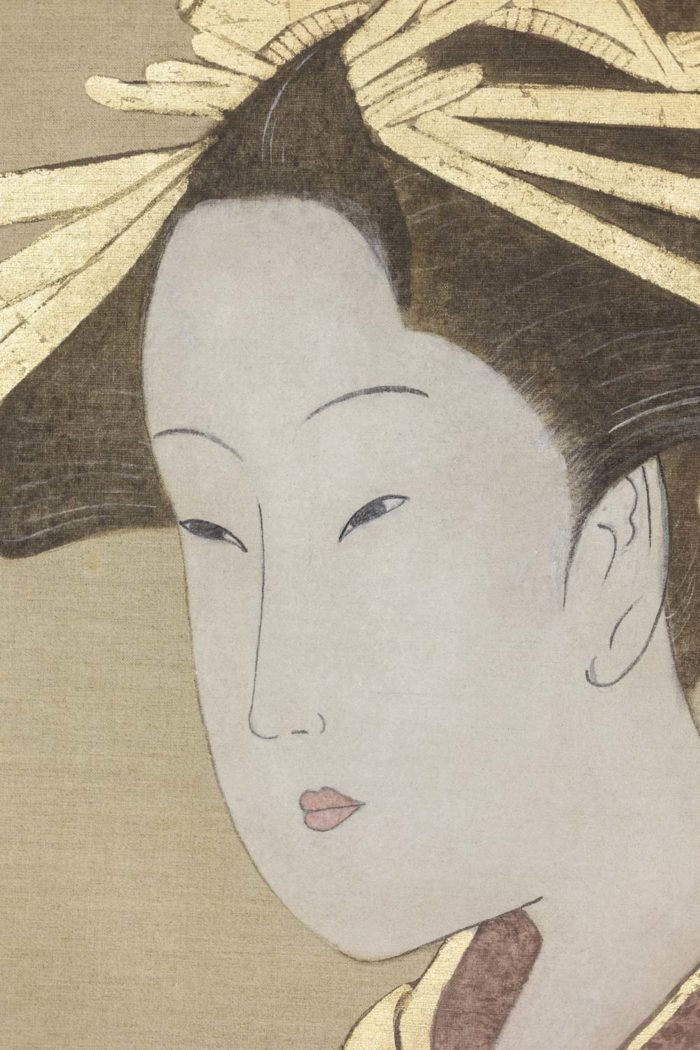 Geisha, toile peinte sur du lin, travail contemporain - focus visage