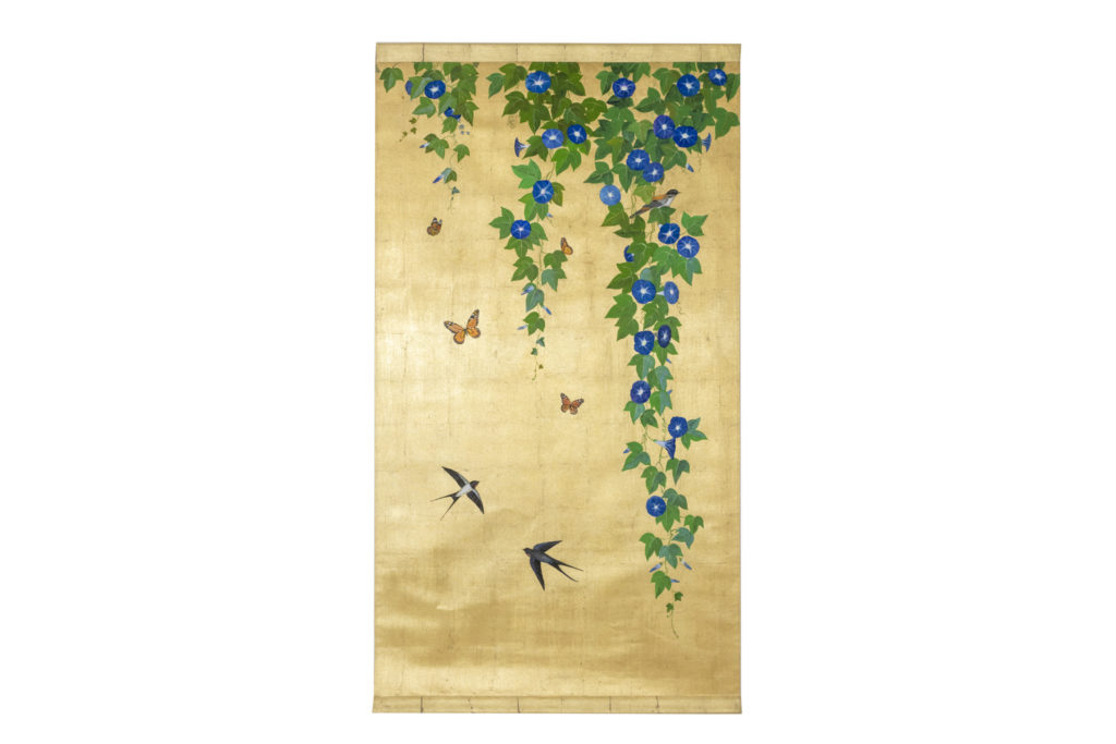 Toile peinte à décor de feuilles, papillons et oiseaux, travail contemporain