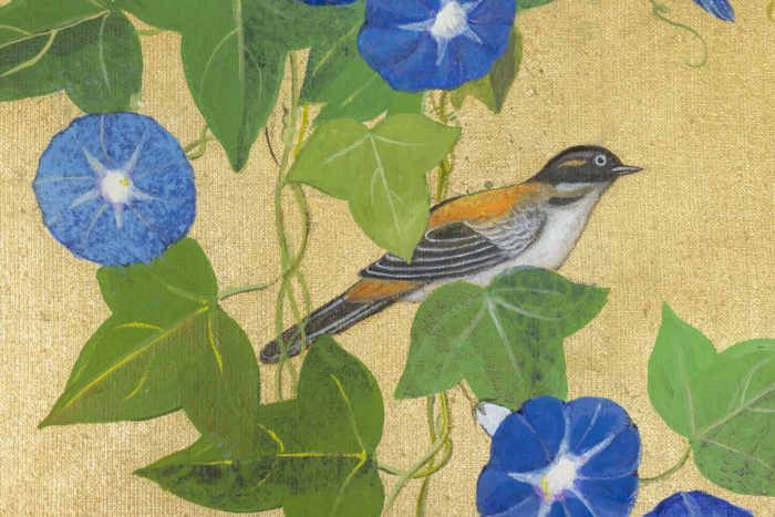 Toile peinte fleurs et papillons sur fond doré - oiseau et fleurs