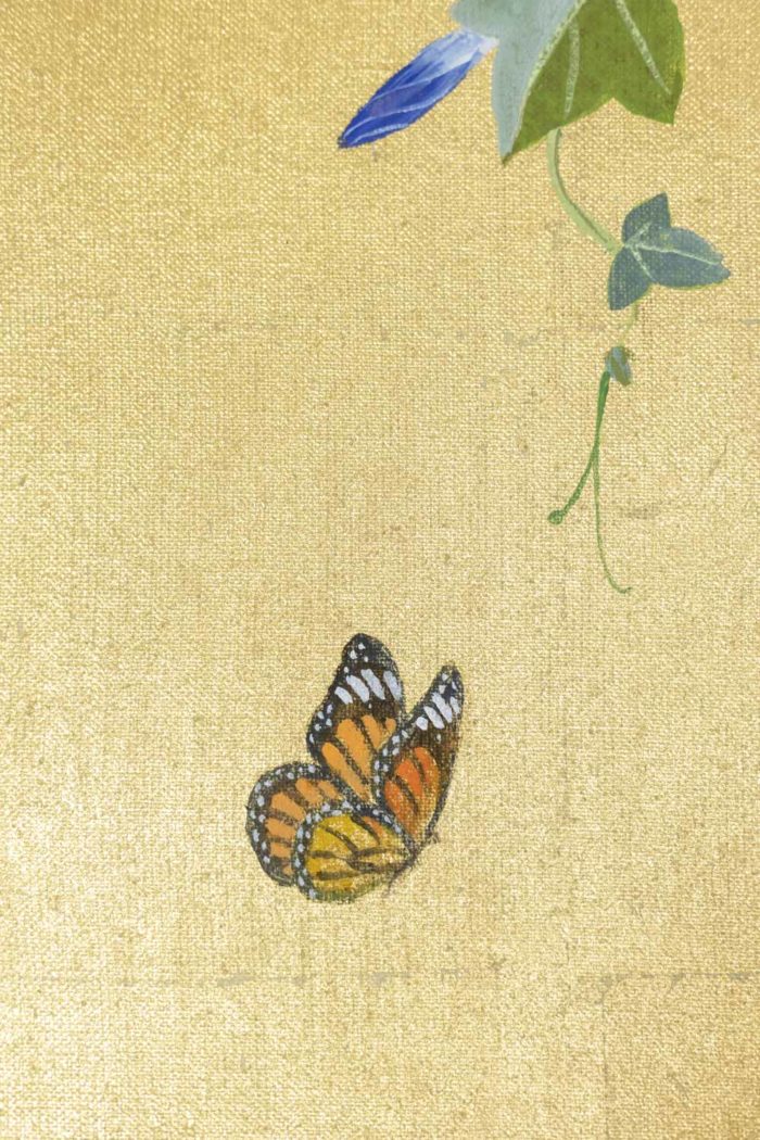 Toile peinte fleurs et papillons sur fond doré - papillon et fleurs