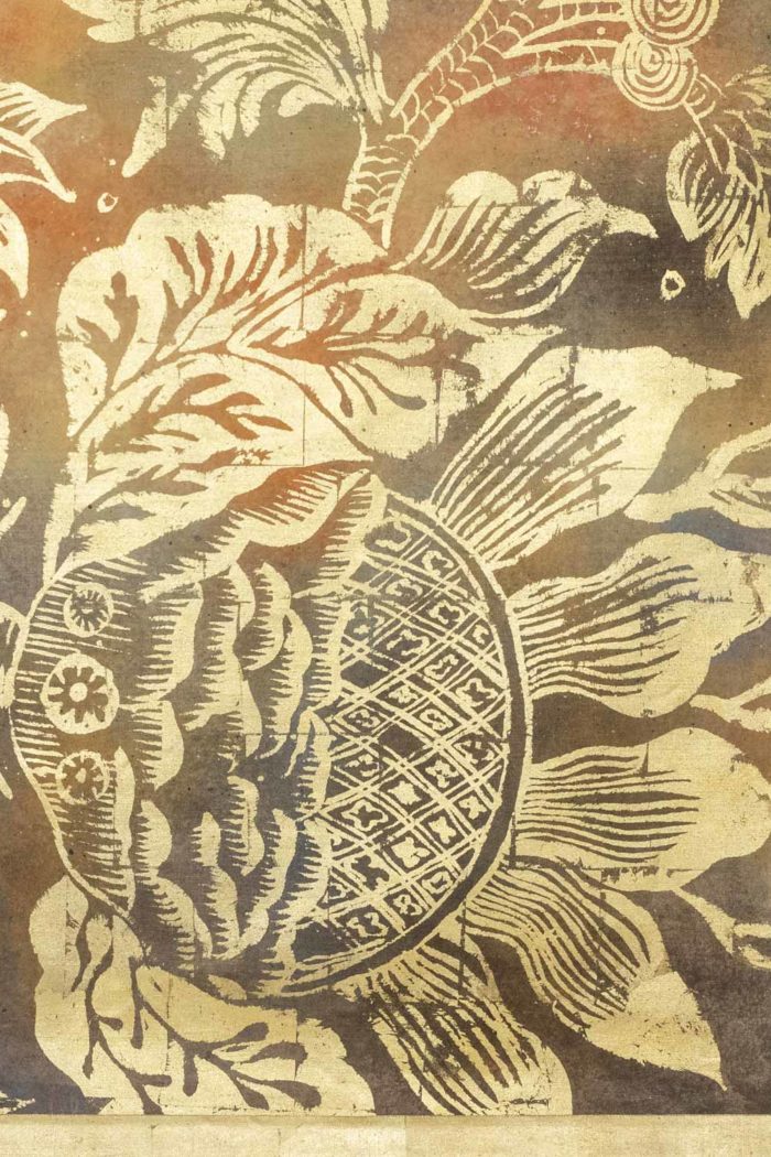 Toile peinte marron et fleurs dorées - fleurs