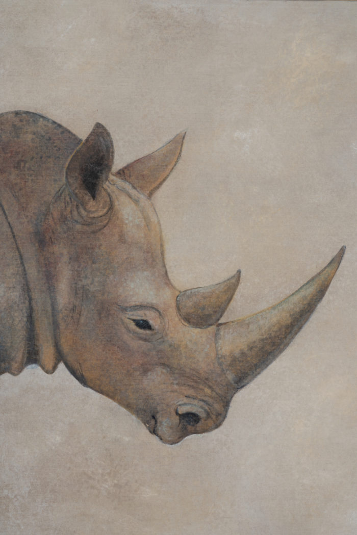 Toile peinte sur du lin représentant un rhinocéros - détail