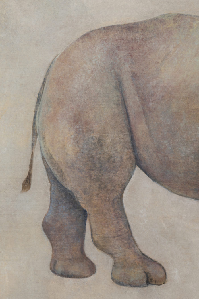 Toile peinte sur du lin représentant un rhinocéros - focus