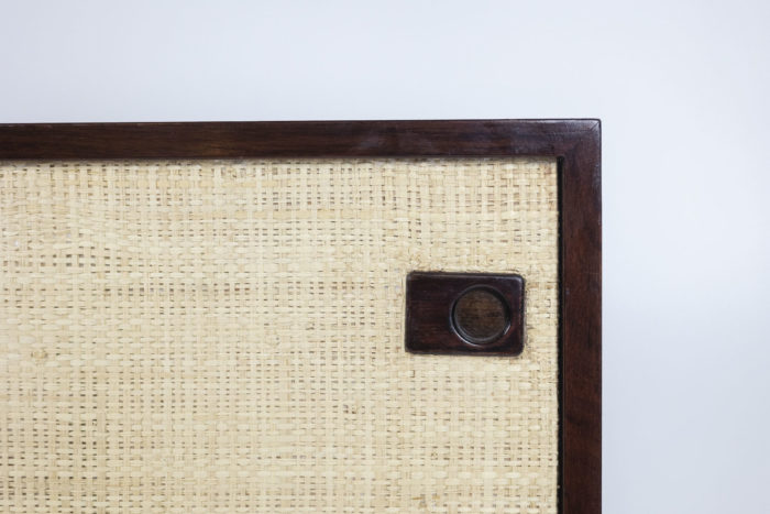 Sideboard in rosewood and raffia, 1970s - focus handles