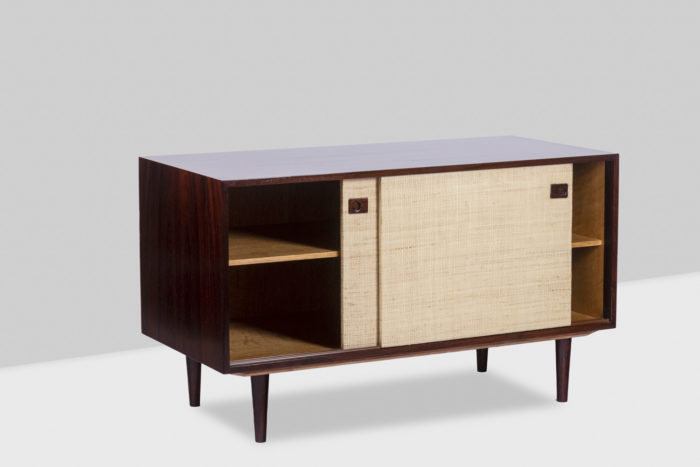 Sideboard in rosewood and raffia, 1970s - doors open