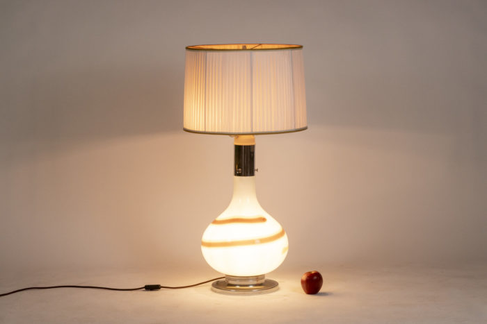 White glass lamp decorated with a brown and yellow spiral, 1970s - ladder