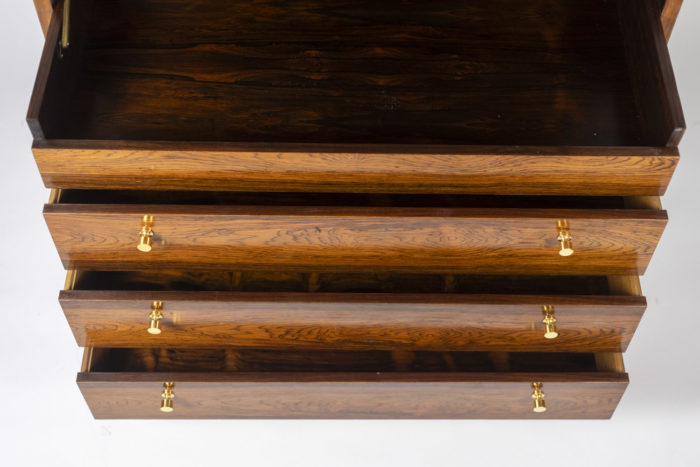 Secrétaire escamotable en palissandre et laiton doré, années 1970 - tiroirs ouverts bis