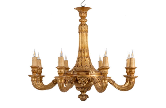 Dumez, Louis XVI style chandelier in carved and gilded wood. 1950s. - face