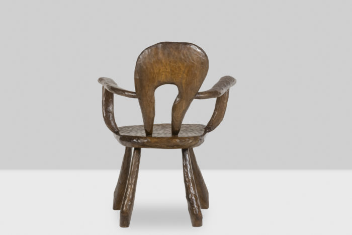 Maison Chevalier, Brutalist armchair in gouged wood. 1960s. - back