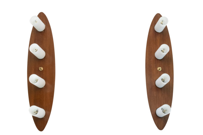Maison Arlus, Pair of mahogany and opaline wall lights. 1960s. - the pair