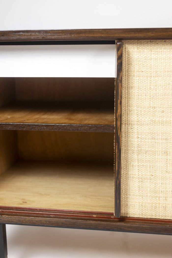 Sideboard in wenge, raffia and lacquered metal. 1970s.  - shelves inside